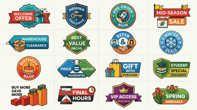 Collection of E-commerce Badges and Retail Labels, Featuring Promotions, Discounts, Loyalty Programs, and Offers for Online Marketing Campaigns