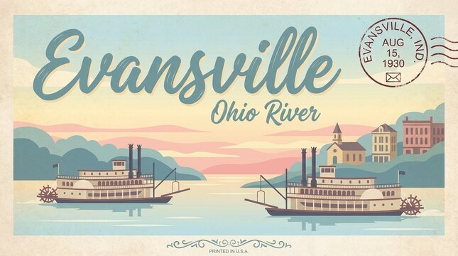 Vintage Travel Postcard Illustration of Evansville Indiana and Ohio River with Retro Paddlewheel Steamboats
