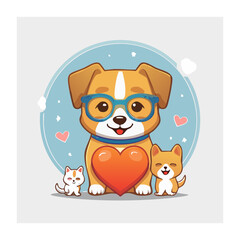 Fototapeta premium Cartoon Dog with Heart and Cats