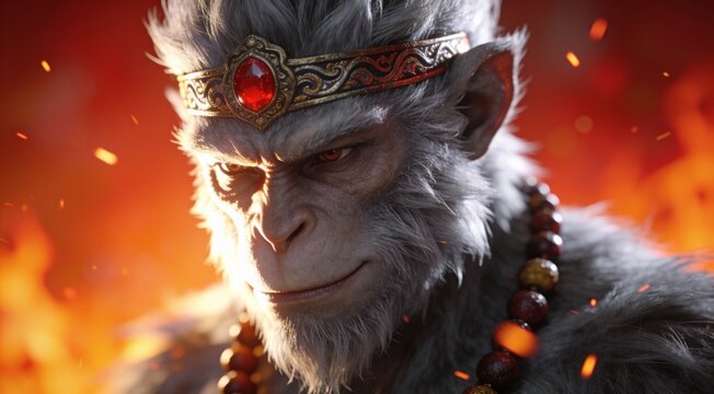 Mythical monkey king with crown and fiery background in fantasy art