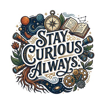 Stay curious always inspirational quote with exploration icons