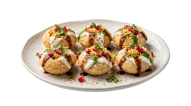 Dahi Puri Indian street food, traditional Chaat snack with yogurt and pomegranate, crispy stuffed Pani Puri shells on ceramic plate isolated PNG with Transparent Background