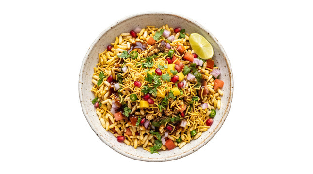Traditional Indian bhel puri snack in a ceramic bowl, spicy puffed rice chaat with pomegranate and lime, authentic street food appetizer isolated PNG with Transparent Background