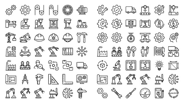 Comprehensive Industrial Engineering and Smart Manufacturing Line Icon Set Vector Featuring Core Robotics Automation Factory Production Blueprint and Workflow Optimization Outline Icons On White Backg