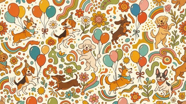 Playful cartoon dogs party with balloons, hats, and decor
