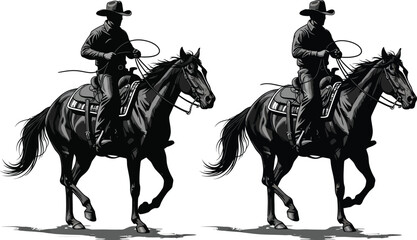 Naklejka premium Two cowboys riding horses with saddles and lassos side by side