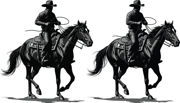 Two cowboys riding horses with saddles and lassos side by side