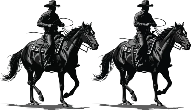 Two cowboys riding horses with saddles and lassos side by side