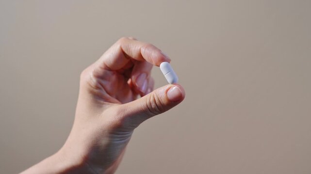White tablet in woman hand close view illustrating supplement use and daily health routine. Dietary support, nutritional assistance and wellness planning concept for education and marketing projects.