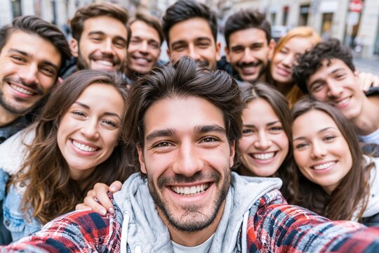 A diverse group of young friends capturing a joyful selfie moment, smiling broadly and embracing each other outdoors.