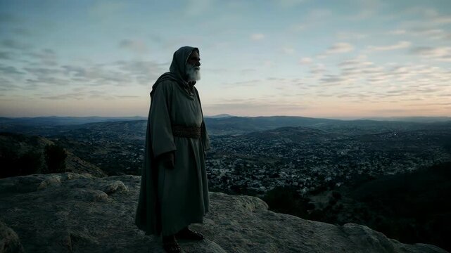 Moses standing on a mountain overlooking the promised land. Biblical prophet viewing an ancient city at sunset. Old Testament narrative concept
