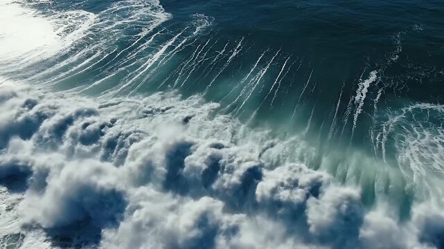 Aerial view of a breaking ocean wave with intricate white foam patterns.
