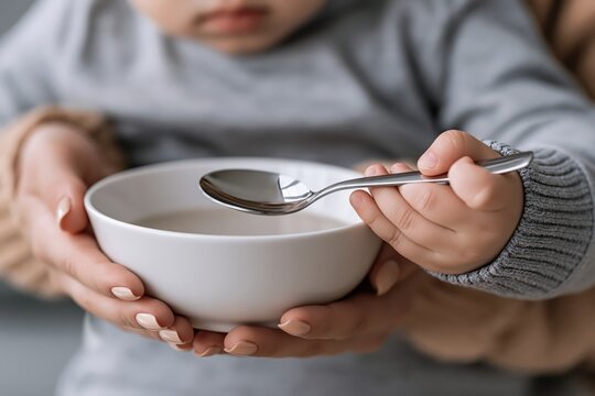 Close-up of a baby's hands holding a spoon over a bowl of food, with adult hands supporting.