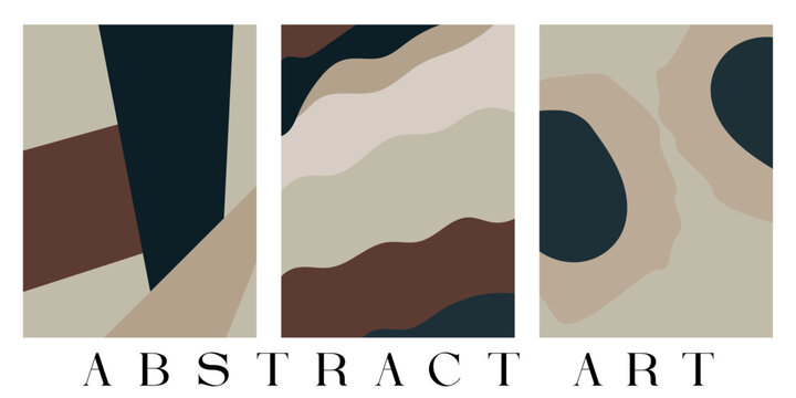 Abstract boho art triptych bundle featuring minimalist geometric and organic shapes in earthy muted colors on a neutral background poster set