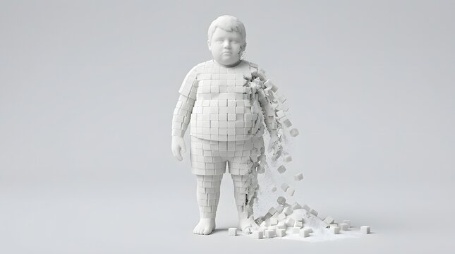 Child figure shape made of white sugar cubes disintegrating. Conceptual sculpture illustrating health risks of excess sugar consumption and obesity. Diet and healthy lifestyle awareness.