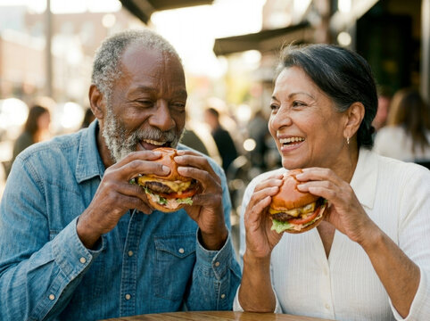 Happy senior couple laughing and eating big juicy burgers at outdoor cafe table