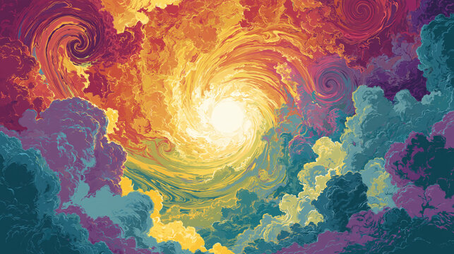 Psychedelic sky spiral cloud rainbow color digital art abstract background swirling vortex glowing light colorful cloud dream landscape fantasy scene