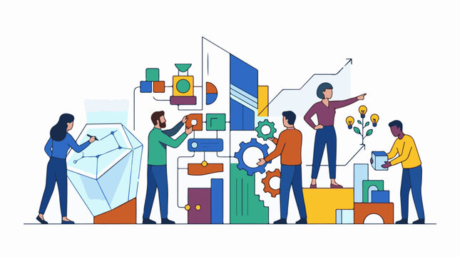 A colorful illustration of five people working together with various colorful charts