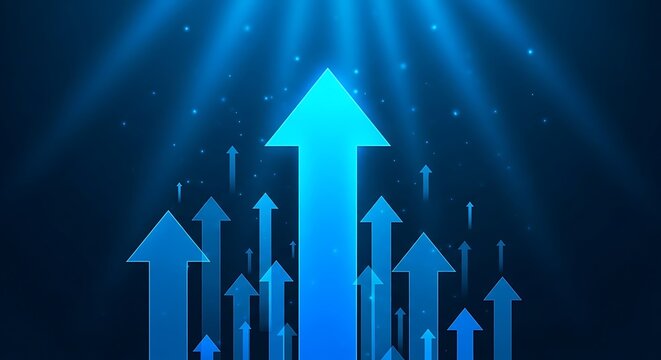 Blue arrows pointing upwards against a dark background, with light rays, growth progress
