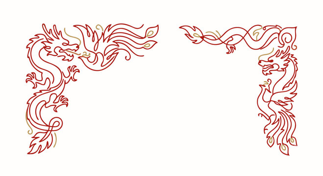 chinese paper cut style border with dragons and phoenixes in red and gold