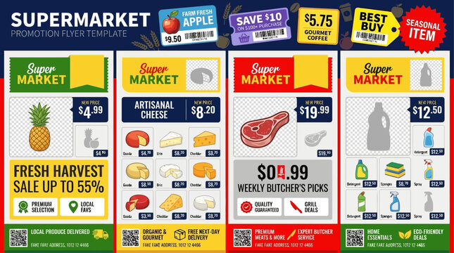 Vibrant promotional flyer design showcasing diverse grocery products with attractive discounts and special offers for a comprehensive market shopping experience