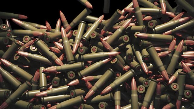 Realistic bullets fall from above, gradually filling the frame, then disappear, revealing a transparent background. A military-themed transition with an alpha channel for video editing and animation. 