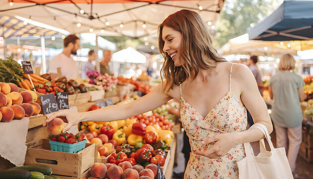 Young Woman Choosing Fresh Produce at Colorful Outdoor Farmers Market Stall
