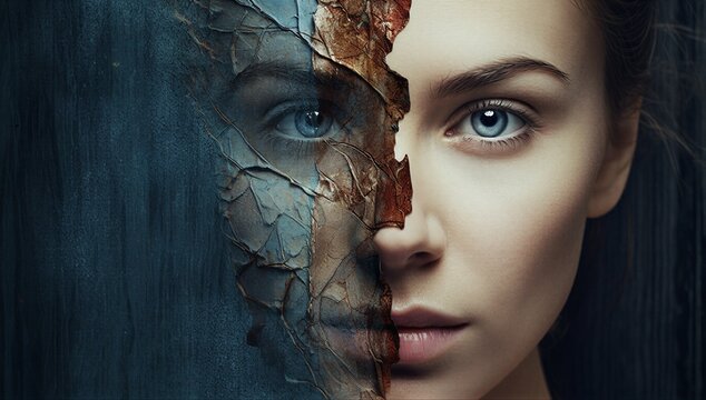 Half face of a woman peeling into a cracked, decayed mask symbolizing internal fragmentation and emotional turmoil of borderline personality disorder.