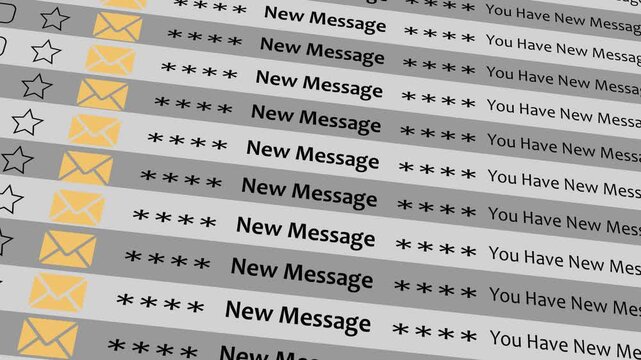 New Message showing in the email style, 4k animation scrolling with lot of messages concept. Unread message, email marketing. phishing and malware emails - seamless loop notifications white background