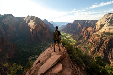 Fototapeta premium Hiker standing atop sandstone cliff in Zion canyon overlooking valley, scenic mountain ridge and blue sky