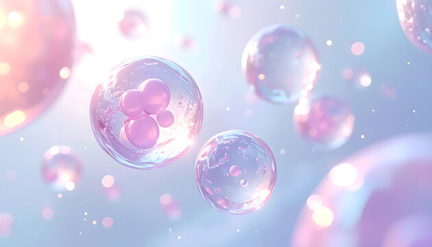 Vibrant pink bubbles float gently through a soft blue environment with sparkling particles.