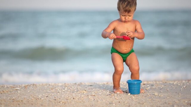 Kid collects shells and pebbles in the sea on a sandy bottom under the summer sun on a vacation