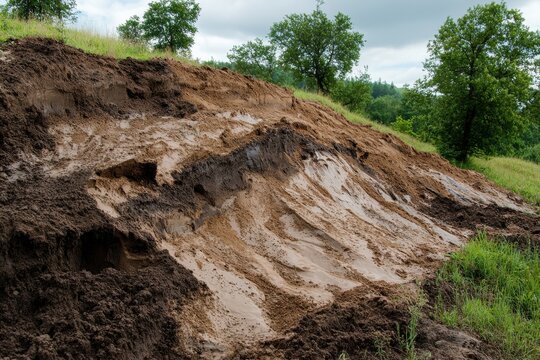Soil erosion on hillside with exposed soil and tree line under cloudy sky