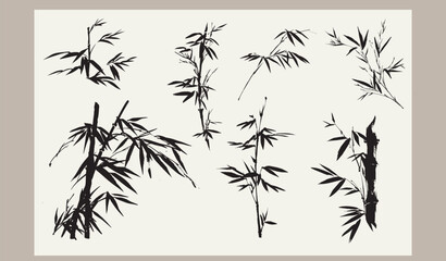 Fototapeta premium set of vector illustration of bamboo leaves branch card design with Chinese painting in traditional style. 