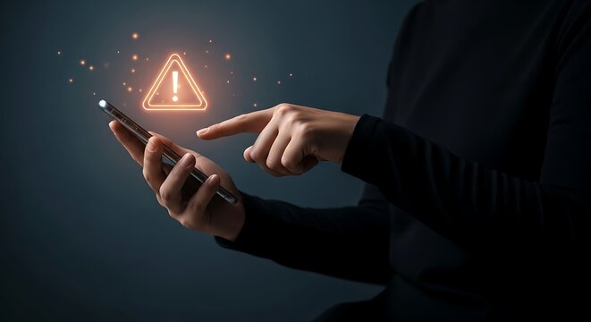 Person's hands holding smartphone with glowing orange warning triangle and exclamation mark alert notification