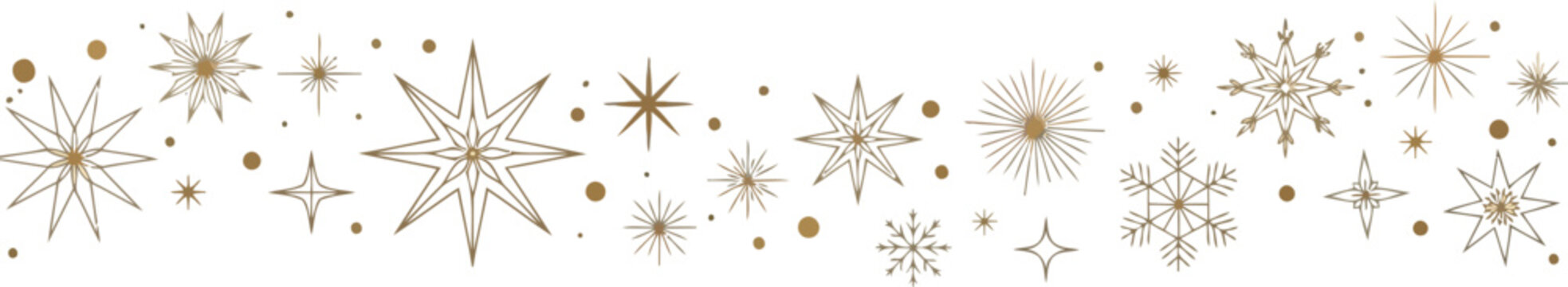 Minimalist gold line art stars and snowflake border design isolated on white background for modern festive winter stationery and elegant holiday season promotional materials