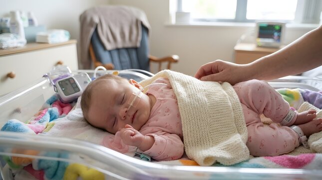 Newborn baby sleeping in hospital crib with nasal tube. Mother hand touching infant in neonatal intensive care unit. Healthcare and medical treatment for premature child recovery.