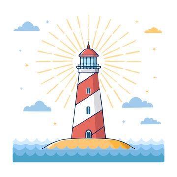 Flat design lighthouse with sun rays