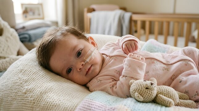 Sick baby child with a nasogastric feeding tube resting on a soft pillow. Pediatric healthcare concept for infant recovery, medical care in a home nursery. Loving support at home.