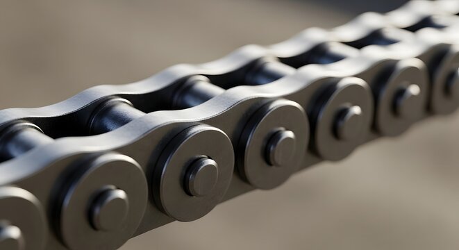 Close up of shiny metal roller chain for bicycle or motorcycle gear system. Industrial mechanical element for power transmission and motion. Engineering component for spare part.
