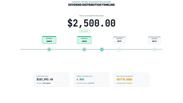 Calendar markers,
recurring payout
pulses, and a growing
income counter explain
dividend distribution
over time.
Dividend
payout timeline
with rising
income counter