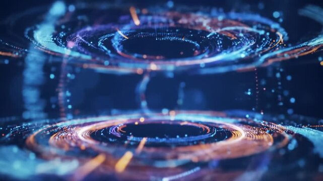 Abstract digital landscape: a glowing toroidal form pulsates, color-shifting luminous particles stream. Deep sapphire abyss, cinematic push-in. Sleek, futuristic, high-tech digital energy concept