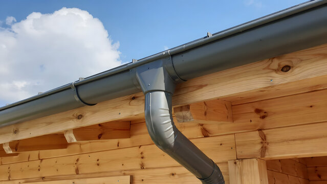 A grey metal rain gutter system attached to a wooden log cabin structure