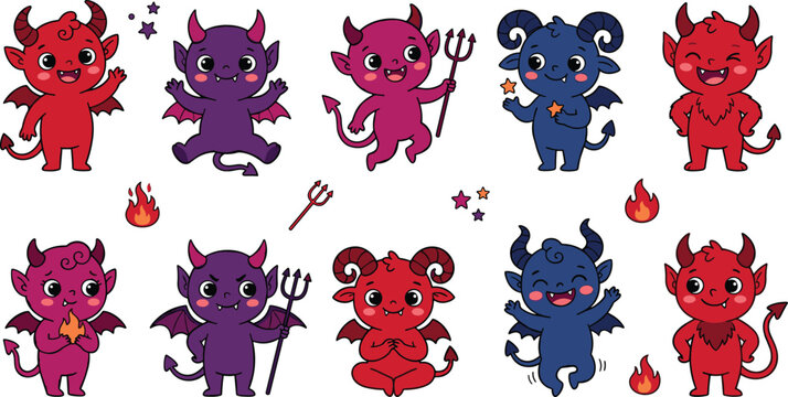 Cute Devil Characters Collection Featuring Cartoon Demons Fantasy Creatures Little Imps Horned Monsters and Adorable Kawaii Mascots