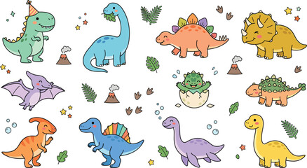Cute Dinosaur Characters Collection Featuring T Rex Stegosaurus Triceratops Ankylosaurus Pterodactyl and Baby Dinosaurs Cartoon Illustrations © Bokul