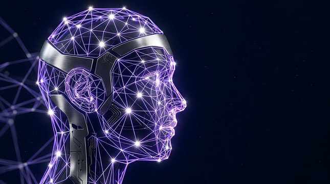 Side view of robotic head forming with glowing digital network
