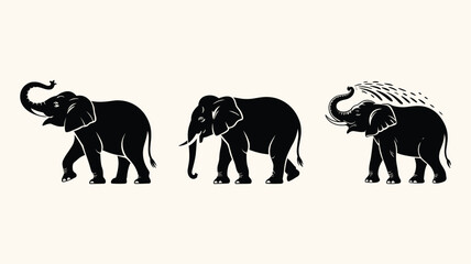 Set of elephant silhouettes in various poses with trunks up and down. © AdhirChandra