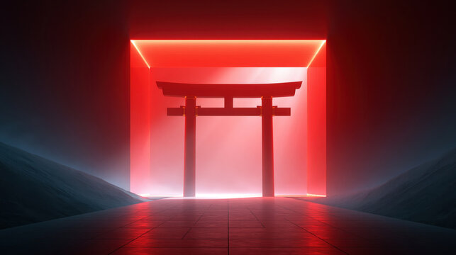 Glass tube torii gate with deep red inner glow in austere minimal scene, abstract temple symbol in dark moody space