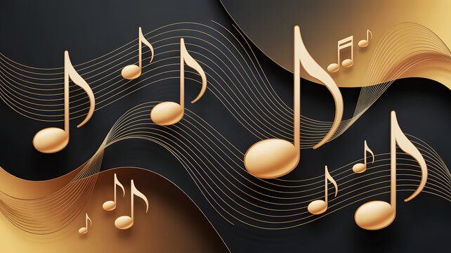 Gold musical notes and flowing lines on a dark black background, 3 d rendered metallic music symbols with curved staff waves