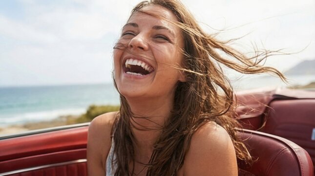 Young woman with hair blowing laughing joyfully in classic car by the sea, summer road trip, happiness, fun, travel, freedom, sunny day.